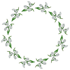 Round frame with horizontal lovely snowdrops on white background. Isolated vector flowers pattern for your design.