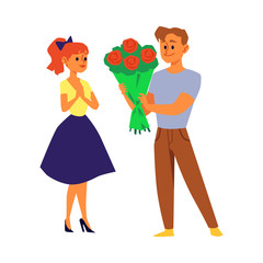 Cartoon couple with flower bouquet - young man giving rose flowers to woman