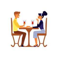 Cartoon couple talking and drinking wine sitting at restaurant table