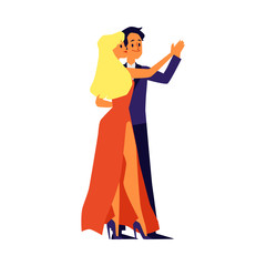 Dancing couple of man and woman characters flat vector illustration isolated.