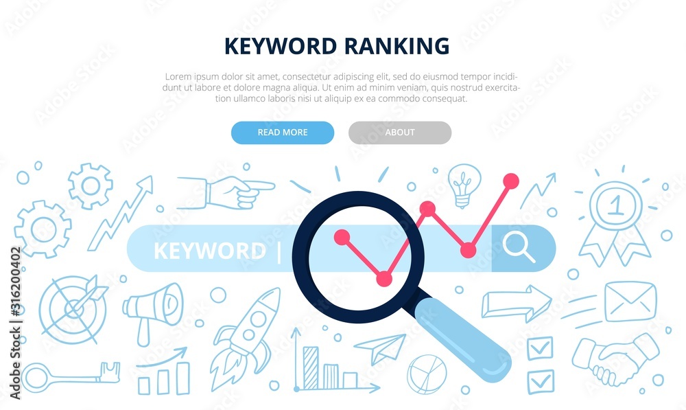 Poster search engine optimization and keyword ranking concept. vector illustration with many doodle element