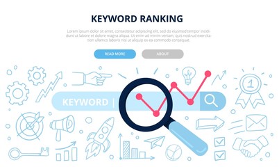 Search engine optimization and keyword ranking concept. Vector illustration with many doodle elements. Good for banners, ads, news, landing pages or other web promotion or SEO issue.