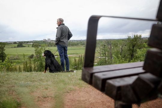 Senior Man With Dog Looking At View In Park