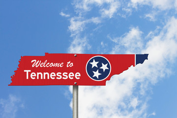 Welcome to the state of Tennessee road sign in the shape of the state map with the flag