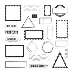 Set of postage stamps and postmarks graphic icons vector illustration isolated.