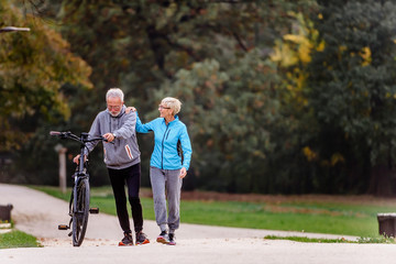 Cheerful active senior couple with bicycle walking through park together. Perfect activities for elderly people.