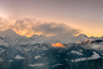 Views on Tatra Mountain in winter scenery from Glodowka challet