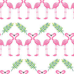 Pink flamingo and tropical leaves seamless pattern - cartoon vector illustration.