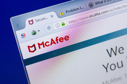 Ryazan, Russia - May 20, 2018: Homepage of McAfee website on the display of PC, url - McAfee.com.