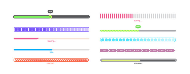 Isolated progress bar set - different styles of loading process indicators