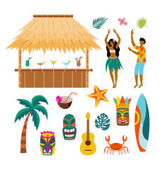 Tropical Hawaii summer vacation drawing set - tiki bar and people - obrazy, fototapety, plakaty
