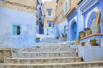 Fototapeta na wymiar Chefchaouen, the blue city of Morocco. It’s famous for all the houses and shops painted different shades of blue. 