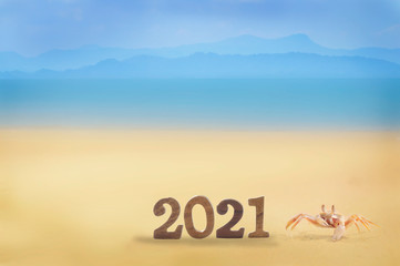 2021 new year and crab on tropical beach background, happy holiday concept and natural background idea