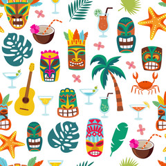 Colorful tiki mask and Hawaii vacation symbol seamless pattern - obrazy, fototapety, plakaty