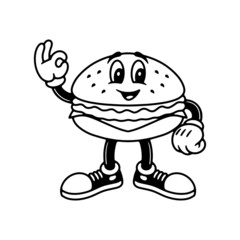 CARTOON BURGER WITH OK SIGN BLACK WHITE BACKGROUND