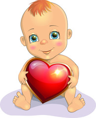 Happy Valentine's Day with funny cute baby holding in the hands of a big heart. Can be use for concept of Valentine's Day. In cartoon style. Clipart Isolated on white. For Valentine card and poster