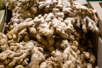 Close-up of ginger root on shelf of supermarket store. Healthy food concept. Selective focus