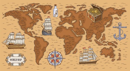 Ancient cartoon world map with sea ships and buried gold treasure © sabelskaya