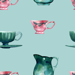 Watercolor hand painted seamless pattern including illustrations of antique turquoise and pink tableware on blue background. Cozy pattern in vintage style.