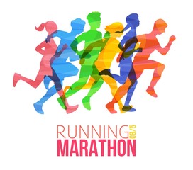 Running marathon poster with colorful runner silhouettes.