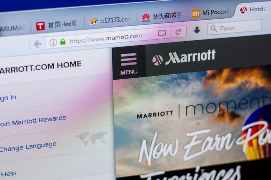 Ryazan, Russia - May 20, 2018: Homepage of Marriott website on the display of PC, url - Marriott.com.