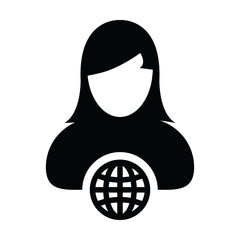 User icon with globe symbol vector with female person profile avatar for a business network in a glyph pictogram illustration