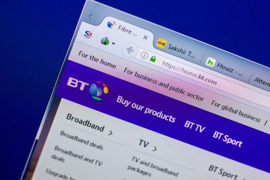 Ryazan, Russia - May 20, 2018: Homepage of BT website on the display of PC, url - BT.com.