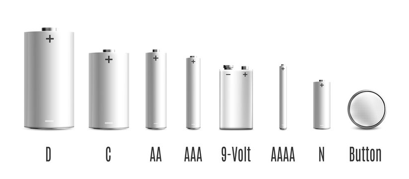 Set Of Batteries Of Different Sizes. AAAA, AAA, D, C And AA