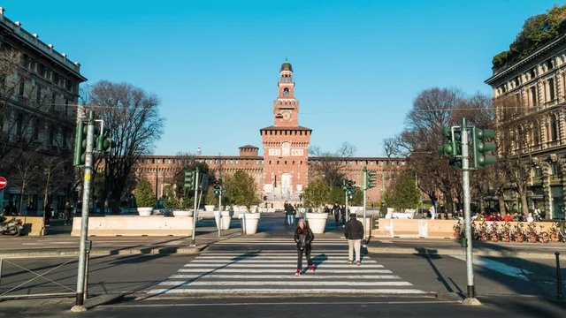 Milan, Sforza Castle (Castello Sforzesco) main entrance, people, traffic, Timelapse, 4K