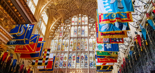 Westminster Abbey glass windows and flags
