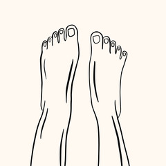 Bare feet. Vector linear illustration. Freehand drawing.