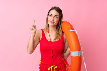 Lifeguard woman over isolated background pointing with the index finger a great idea