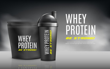Whey protein advertising banner template 3d realistic vector illustration.