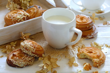 Still life with cookies and milk on a white background