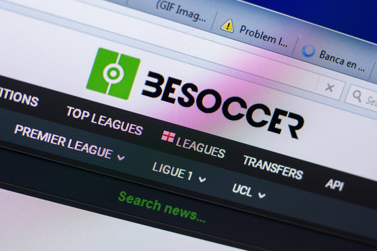 Ryazan, Russia - May 20, 2018: Homepage of BeSoccer website on the display of PC, url - BeSoccer.com.