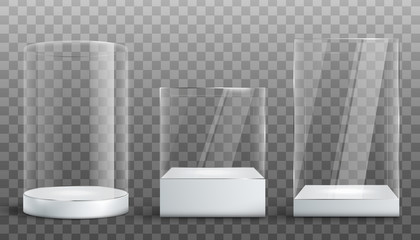 Empty glass display exhibition cases set realistic vector illustration isolated.