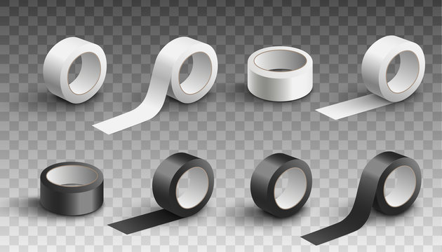 Set Of Scotch Tape Rolls In Various Angles Realistic Vector Illustration Isolated.