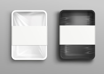 Cellophane-covered food tray or storage package, realistic vector mockup isolated.