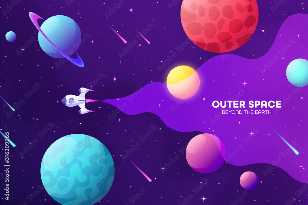 Wall mural space futuristic modern colorful background with rocket. starship, spaceship in night sky. solar sys