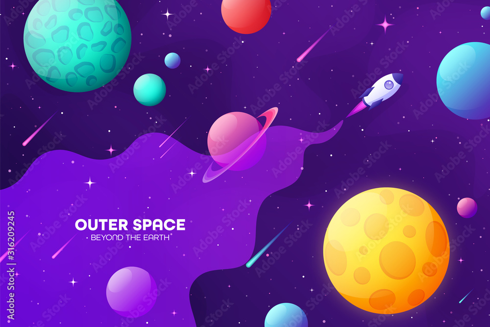 Wall mural space futuristic modern colorful background with rocket. starship, spaceship in night sky. solar sys