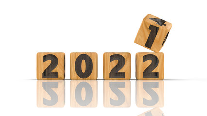 3d rendering of wood made dice with year 2022