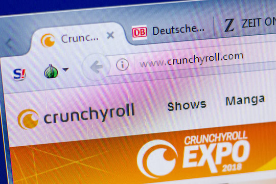 Ryazan, Russia - May 20, 2018: Homepage of Crunchyroll website on the display of PC, url - Crunchyroll.com.