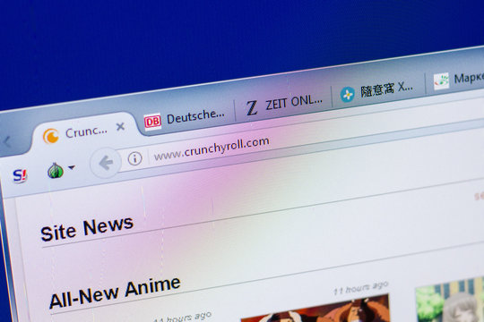 Ryazan, Russia - May 20, 2018: Homepage of Crunchyroll website on the display of PC, url - Crunchyroll.com.