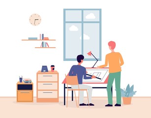 Architectural agency with people working on project, flat vector illustration.
