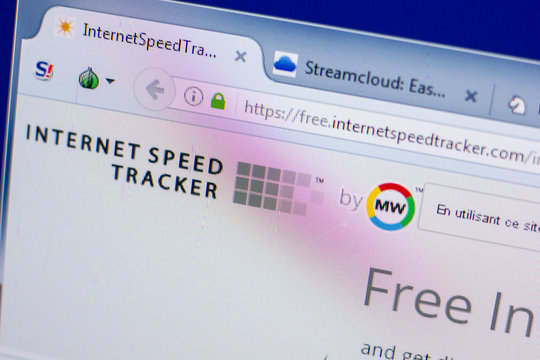 Ryazan, Russia - May 20, 2018: Homepage of InternetSpeedTracker website on the display of PC, url - InternetSpeedTracker.com.
