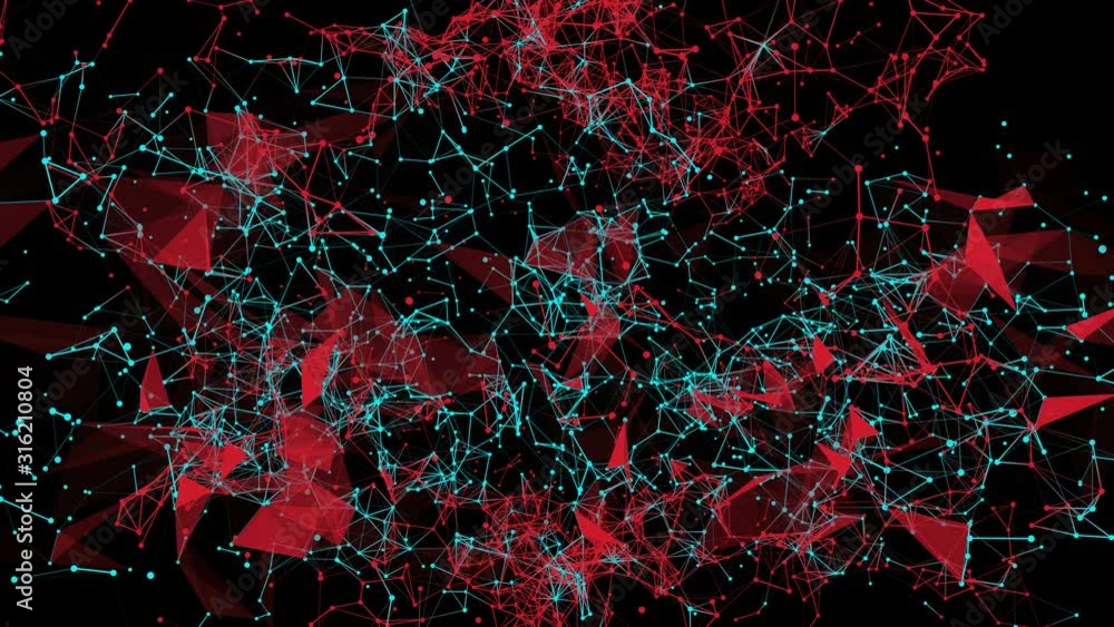 Poster green and orange particles fly and connect on a black background. abstract animated background. 3d r
