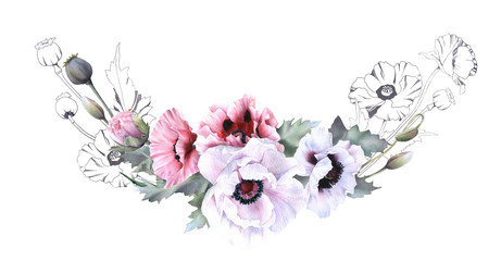 Hand drawn mixed watercolor & linear floral arrangement with picturesque white, pink poppies, buds and leaves isolated on a white background.Floral illustration for wedding invitations, cards,patterns