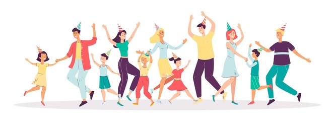 Group of diverse cheerful people dancing flat vector illustration isolated.