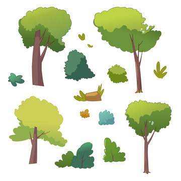 Set of cartoon trees and bushes