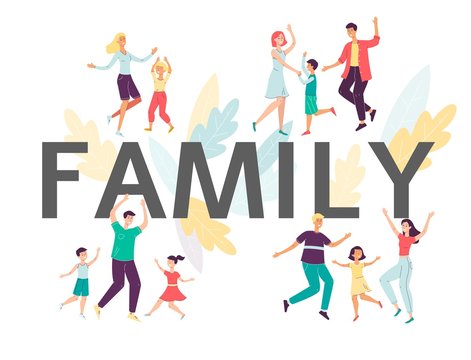 Family big letters with happy people dancing, flat vector illustration isolated.